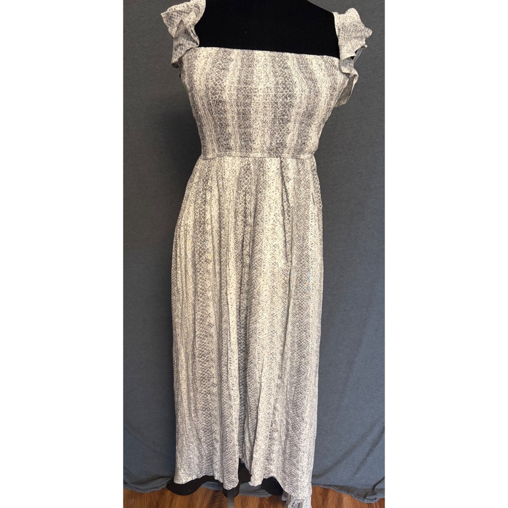 Savanna Jane Snakeskin‎ Print Smocked High Low Maxi Dress Grey White Sz Medium